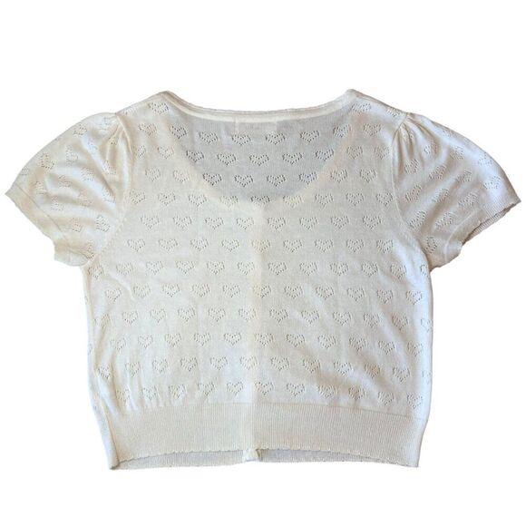 H20 Short Sleeve Cardigan Hearts Women Sz Medium Ivory Crop Love Japan Preppy - Picture 2 of 8